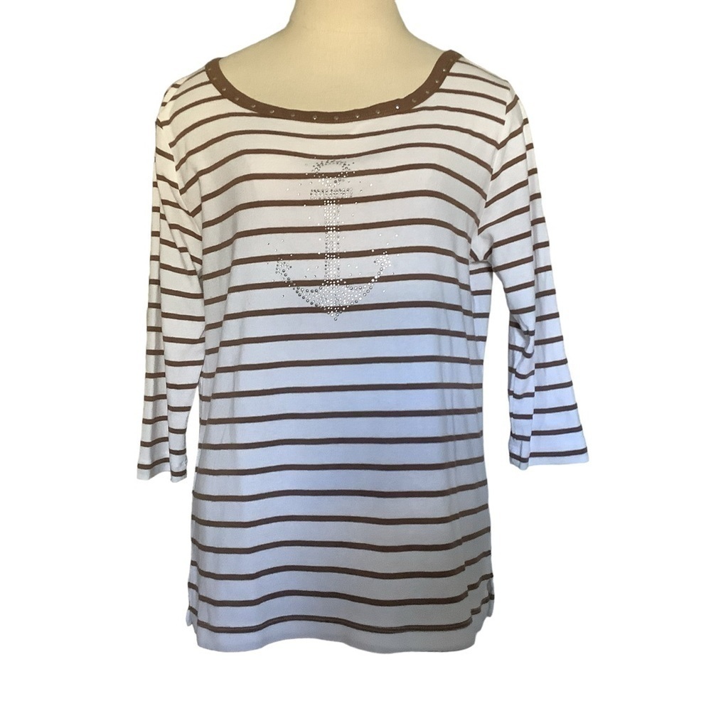 PALM GROVE Striped Nautical Sequin Anchor Knit Top Size L
